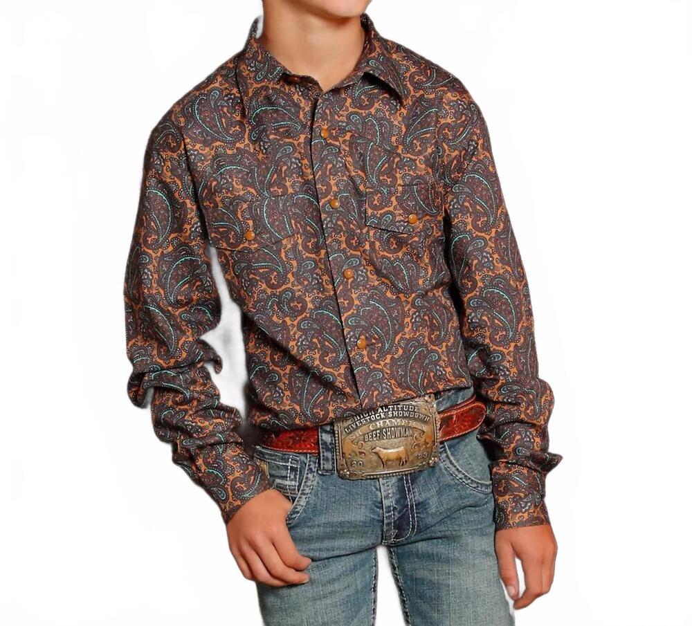 NEW CINCH boy's snap front western shirt in brown